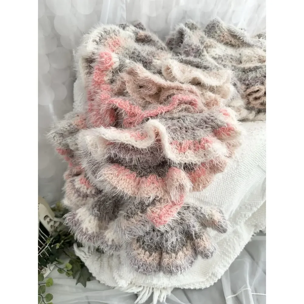 Hand Made LONG Curly Crochet CORKSCREW Throw Blanket FUZZY Grey Beige Pink
